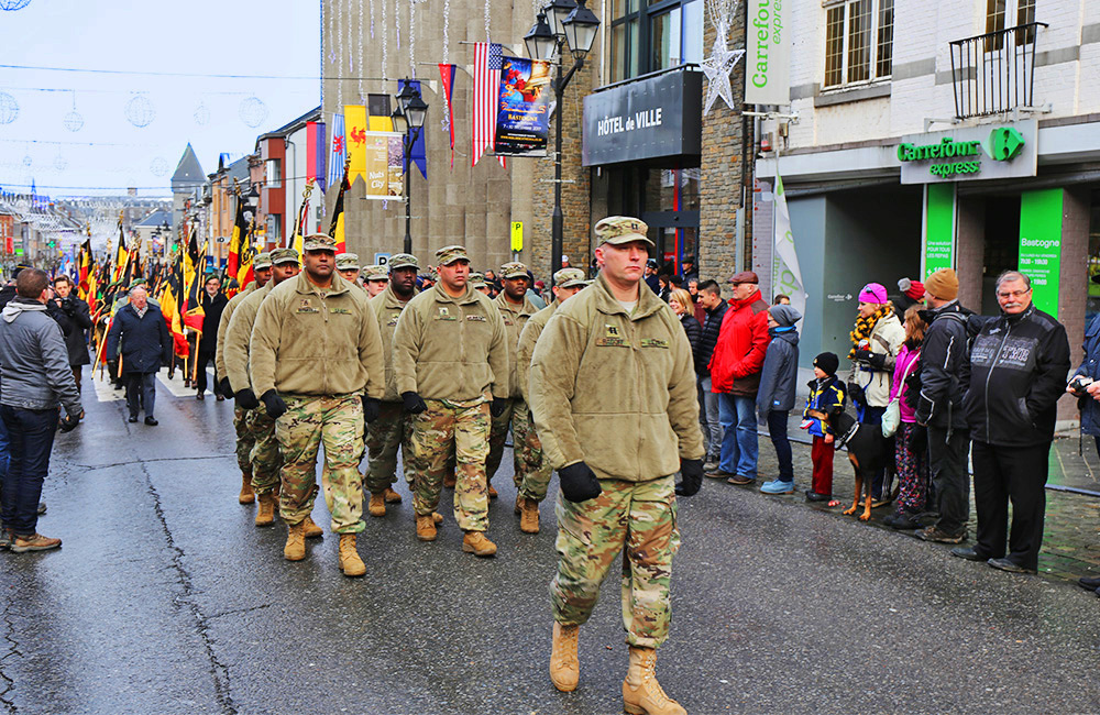 Military parade on the main street of Bastogne