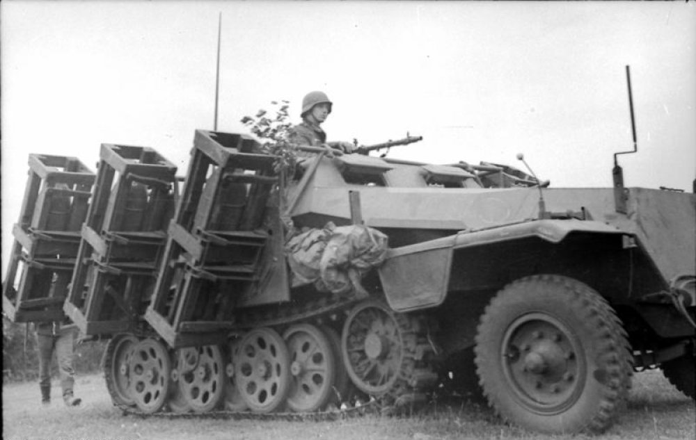 Can you identify the German rocket launcher system mounted on this halftrack?