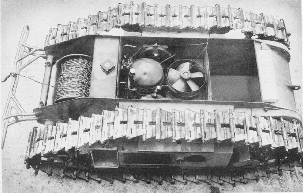 Can you identify this World War II remote-controlled tracked mine? (Here depicted with top cover removed and without a warhead.)